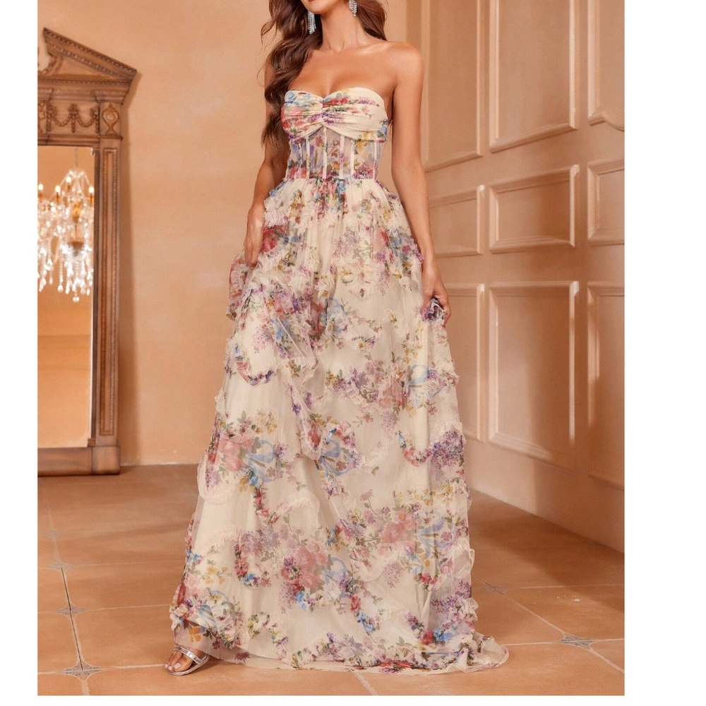 Luxe Cream Floral Print Ruched Corset Party Wedding Formal Dress - Picture 5 of 6